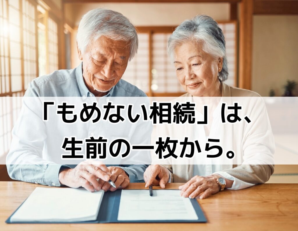 老夫婦が自宅で遺言書・相続書類を確認しているイメージ写真