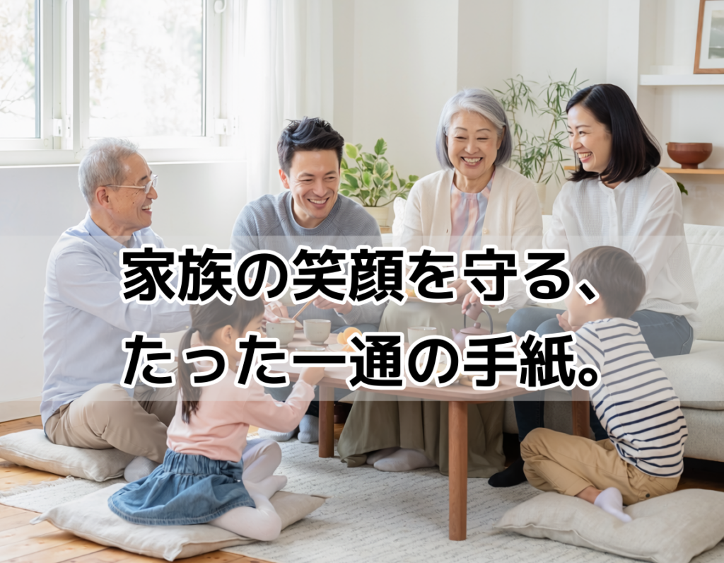 3世代の家族がリビングで笑顔で集まっている様子。遺言書が家族の絆を守るイメージ。