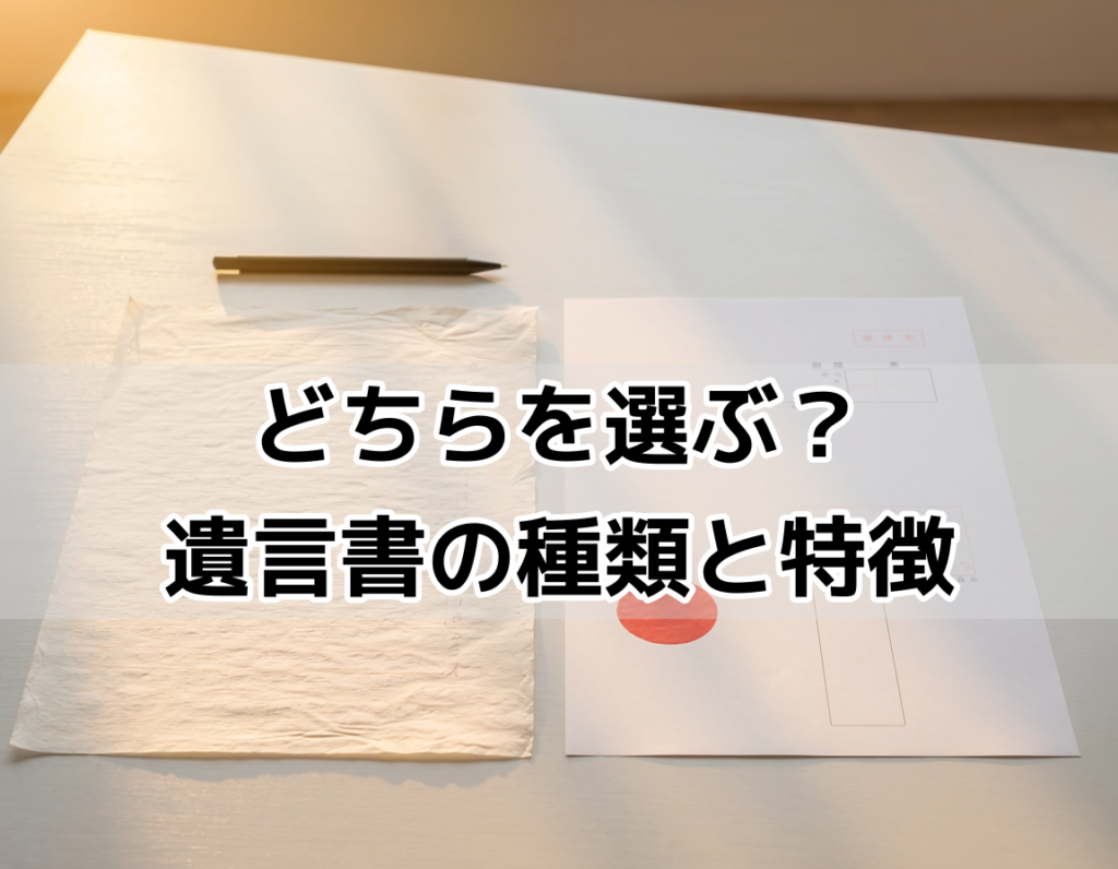 白いデスクに並べられた自筆証書遺言と公正証書遺言の2種類の書類