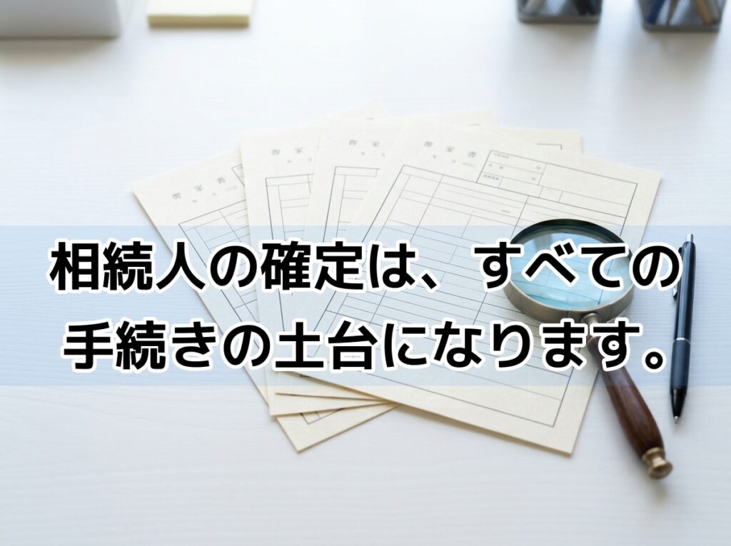 戸籍謄本と虫眼鏡で相続人を調査するイメージ
