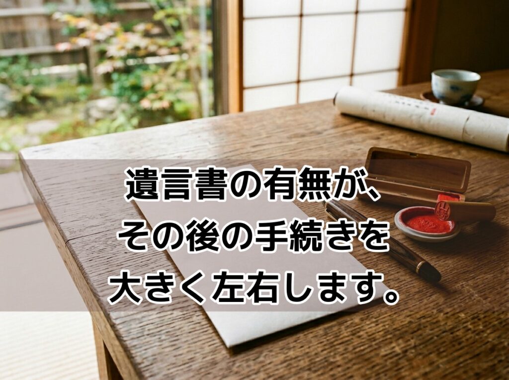 遺言書と印鑑・万年筆が置かれた書斎のイメージ
