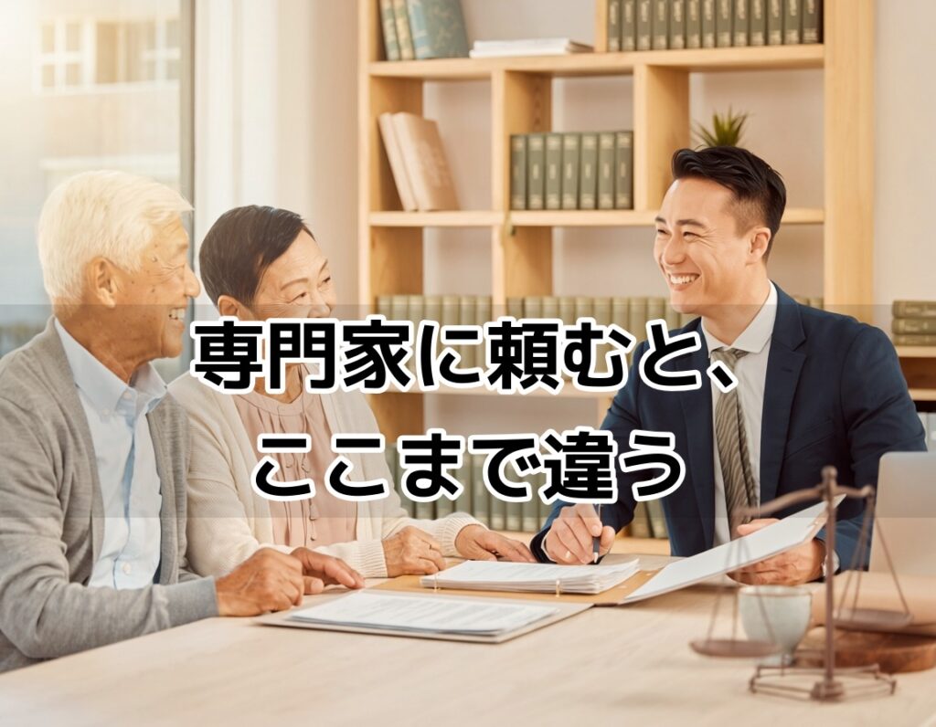 新宿の法律事務所でシニア夫婦に笑顔で説明する司法書士スタッフ