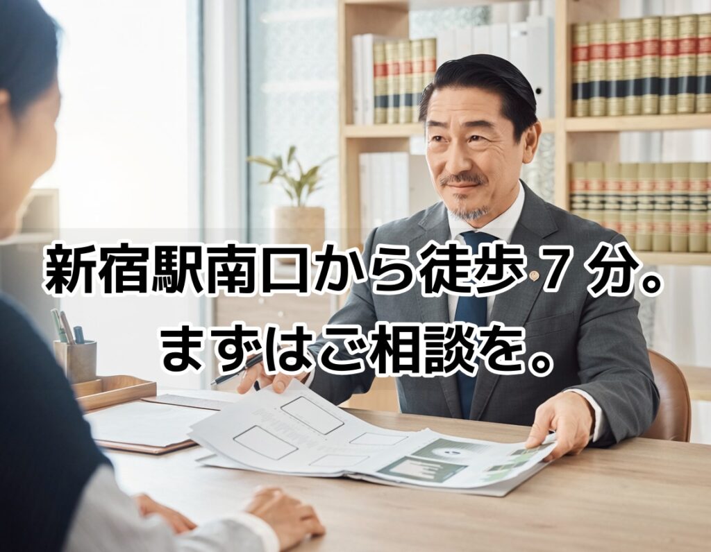 新宿の法律事務所で司法書士が相談者に相続書類を説明している様子