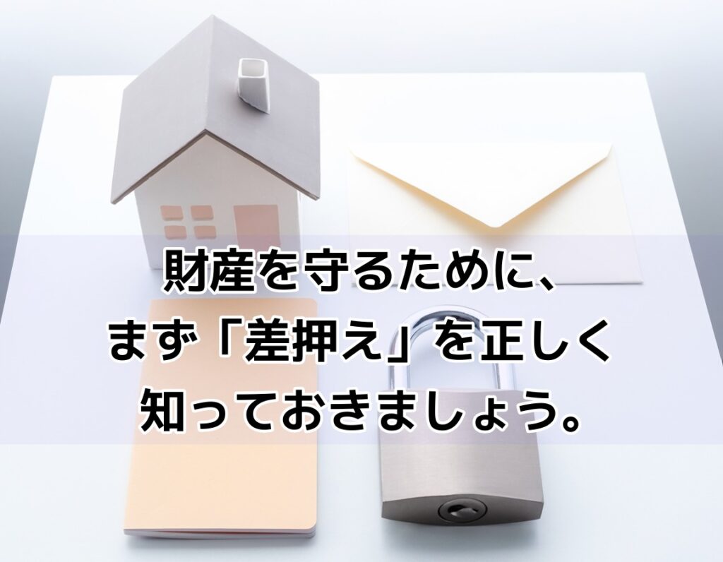 差押えの基本概念を表すイメージ｜南京錠とミニチュアの家・通帳