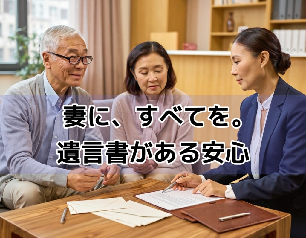 新宿の司法書士事務所で60代夫婦が遺言書について相談しているシーン