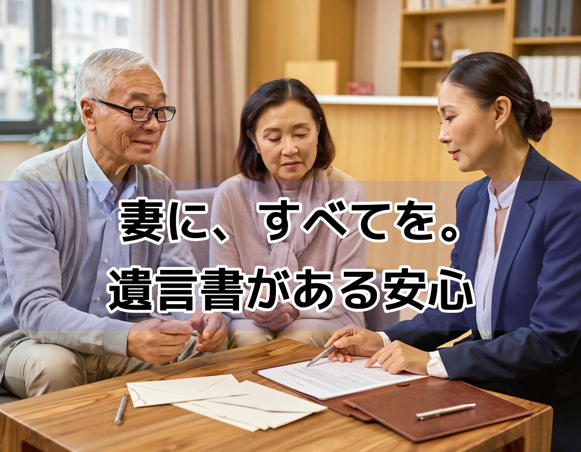 新宿の司法書士事務所で60代夫婦が遺言書について相談しているシーン