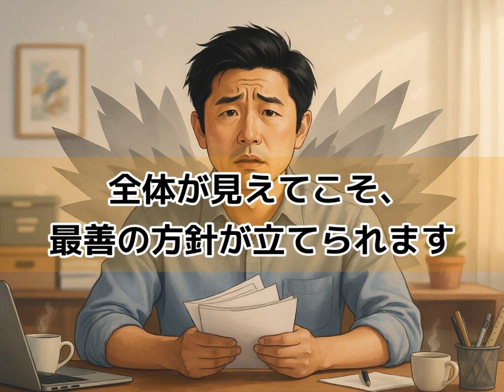 書類の一部だけを見せる人物のイメージ・債務整理で申告漏れが起きる状況を表す