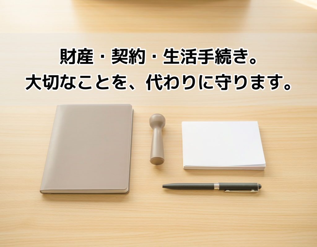 成年後見人が管理する通帳・印鑑・書類が並んだデスクのイメージ画像