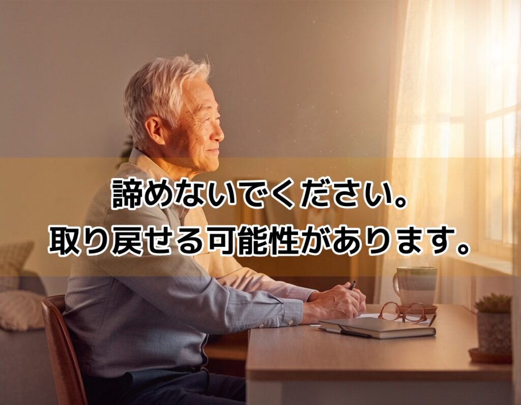 窓から差し込む光を見つめ安堵する60代男性・諦めずに相談するイメージ