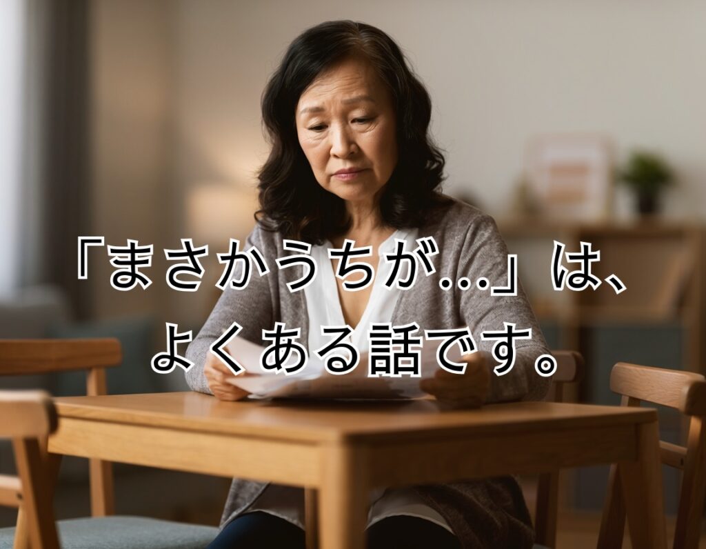 相続問題で悩む日本人女性が書類を手に考え込んでいるイメージ写真
