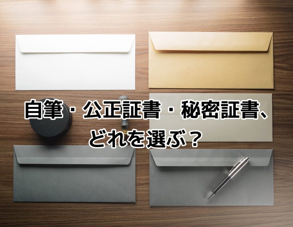 木製デスクの上に整然と並んだ遺言書類とペンと印鑑の俯瞰ショット