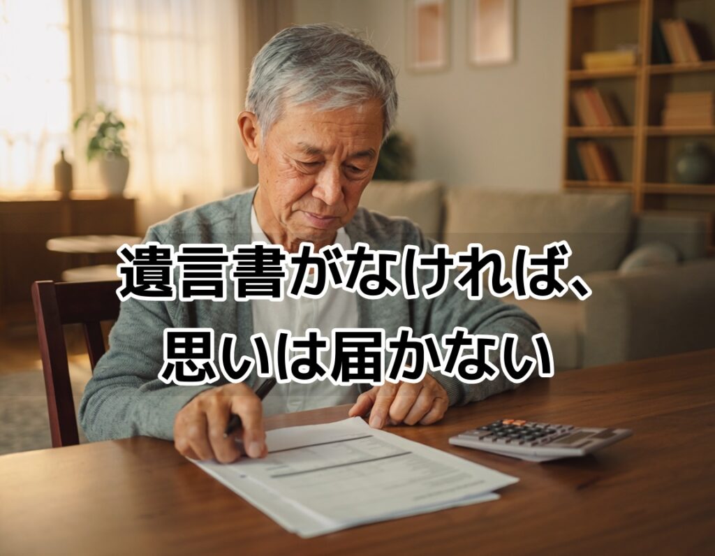 自宅リビングで遺産に関する書類を見て考え込む60代日本人男性