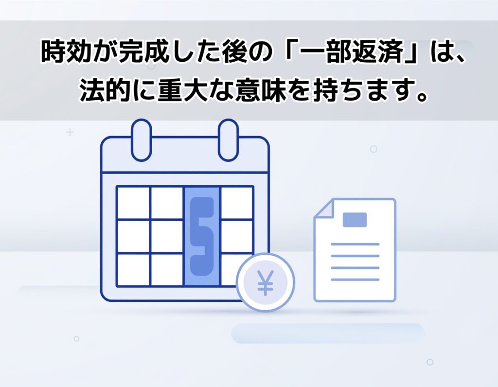 消滅時効5年と借金の関係を示す概念的なイラスト(カレンダーと硬貨)
