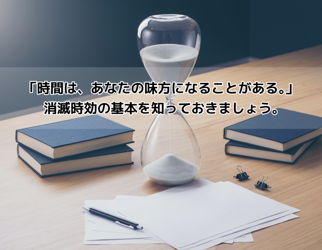 消滅時効のイメージ:法律書と砂時計が置かれたデスク