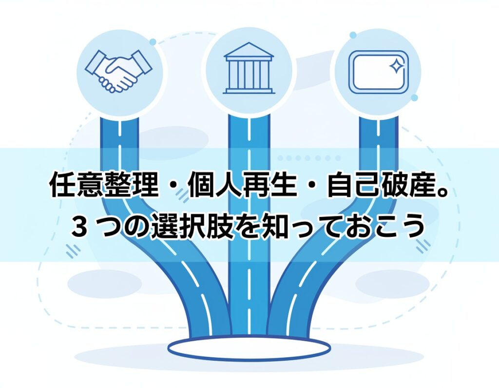 債務整理の3種類(任意整理・個人再生・自己破産)を分岐する道で表したインフォグラフィックイラスト