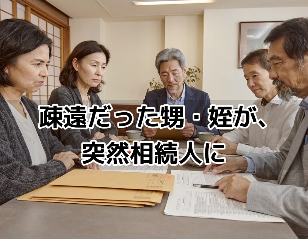 緊張感のある表情で書類を前に話し合う日本人家族の相続の場面