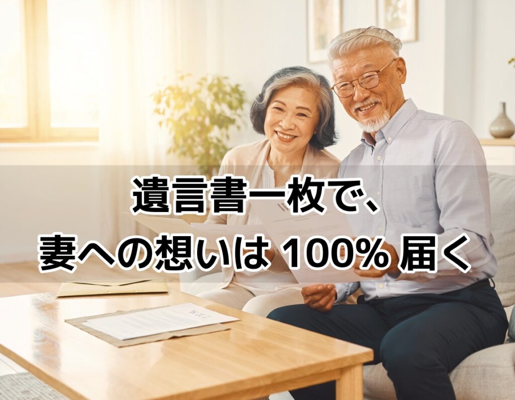 遺言書を手に安心した笑顔を見せる60代日本人夫婦