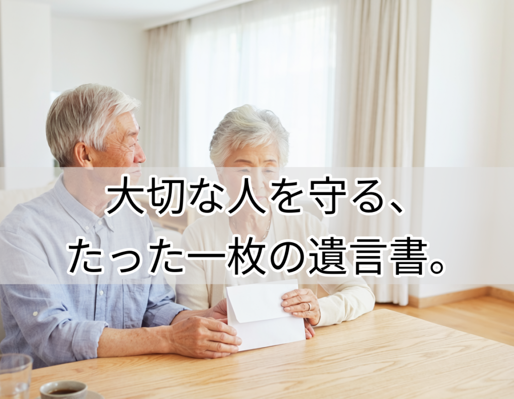遺言書を前に話し合う高齢の日本人夫婦のイメージ画像