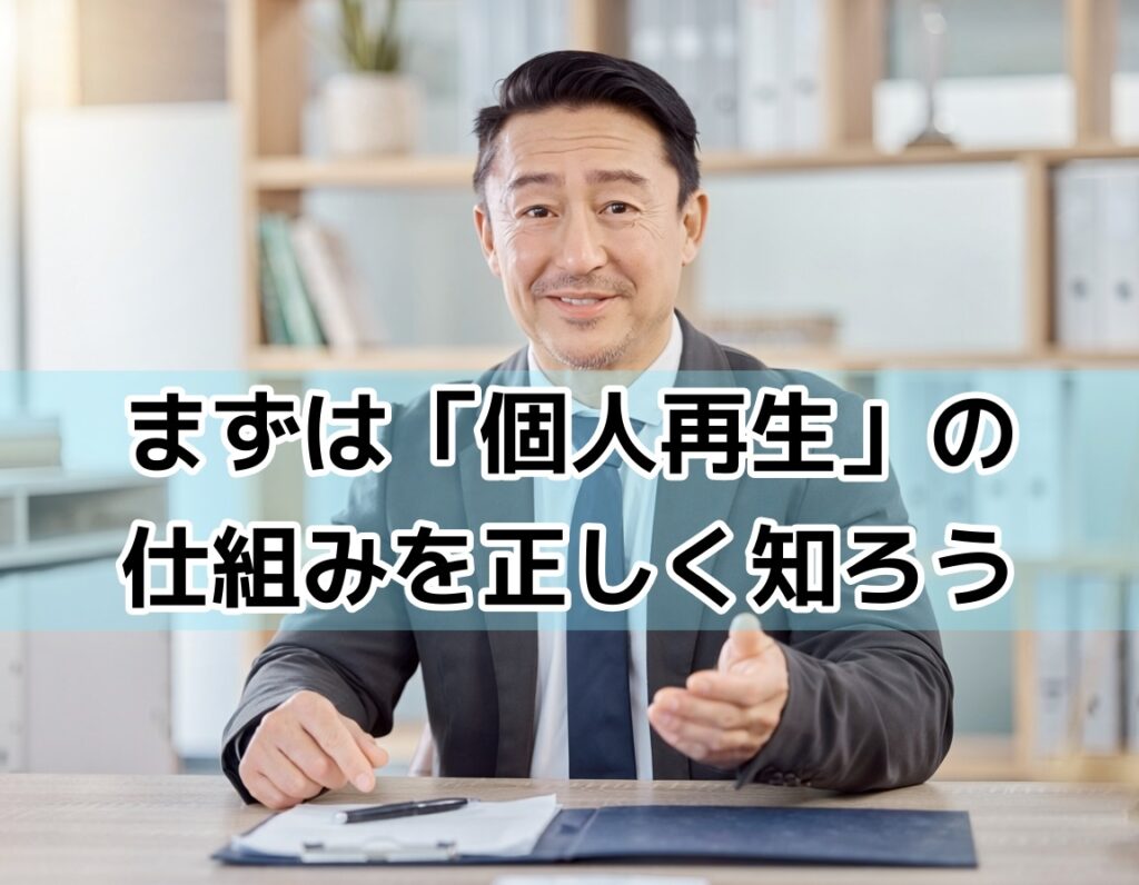 個人再生手続きについて書類をもとに説明する司法書士のイメージ